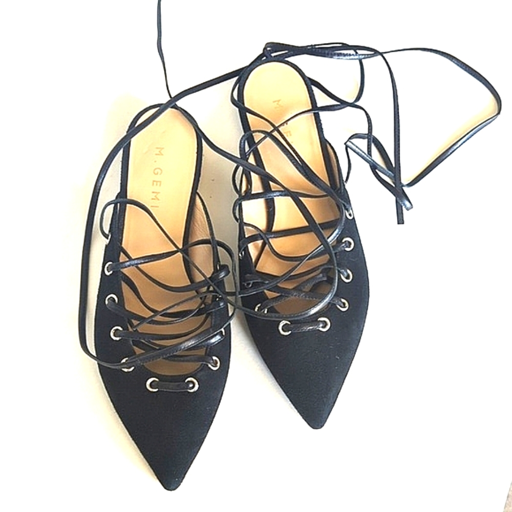 M.Gemi Womens Lace Up Ballerina Flat Suede Open Back Pointed Toe Black 39